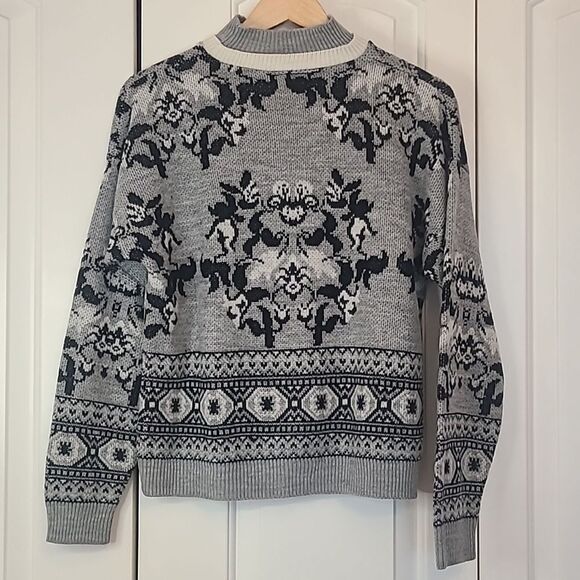 Diane VonFurstenberg Sweater Ski Double Mock Neck Knit Floral Gray Black Sz. S/M - Picture 6 of 10